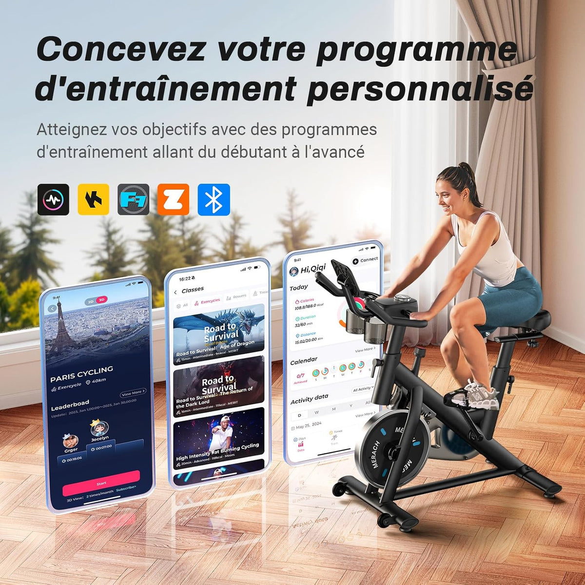 Vélo d'appartement Ultra-silencieux Connecté, 4 en 1 avec Résistance Magnétique 16 Niveaux, Écran LCD